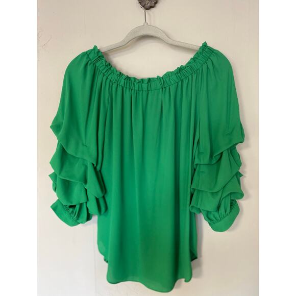 Frank Lyman Montreal Emerald Green Off Shoulder Ruffle Sleeve Blouse 6 - Picture 2 of 4